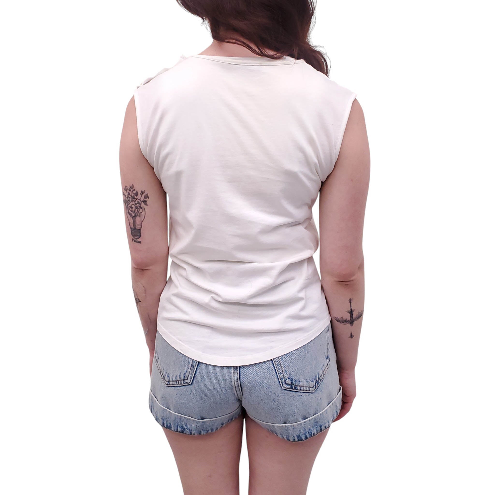 BALMAIN WHITE AND GOLD SLEEVELESS LOGO TOP - SIZE 34