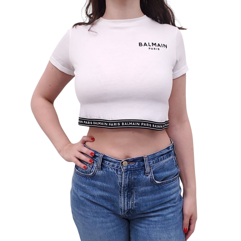 BALMAIN WHITE CROPPED TOP WITH LOGO ELASTIC WAIST DETAIL - KIDS SIZE 12A