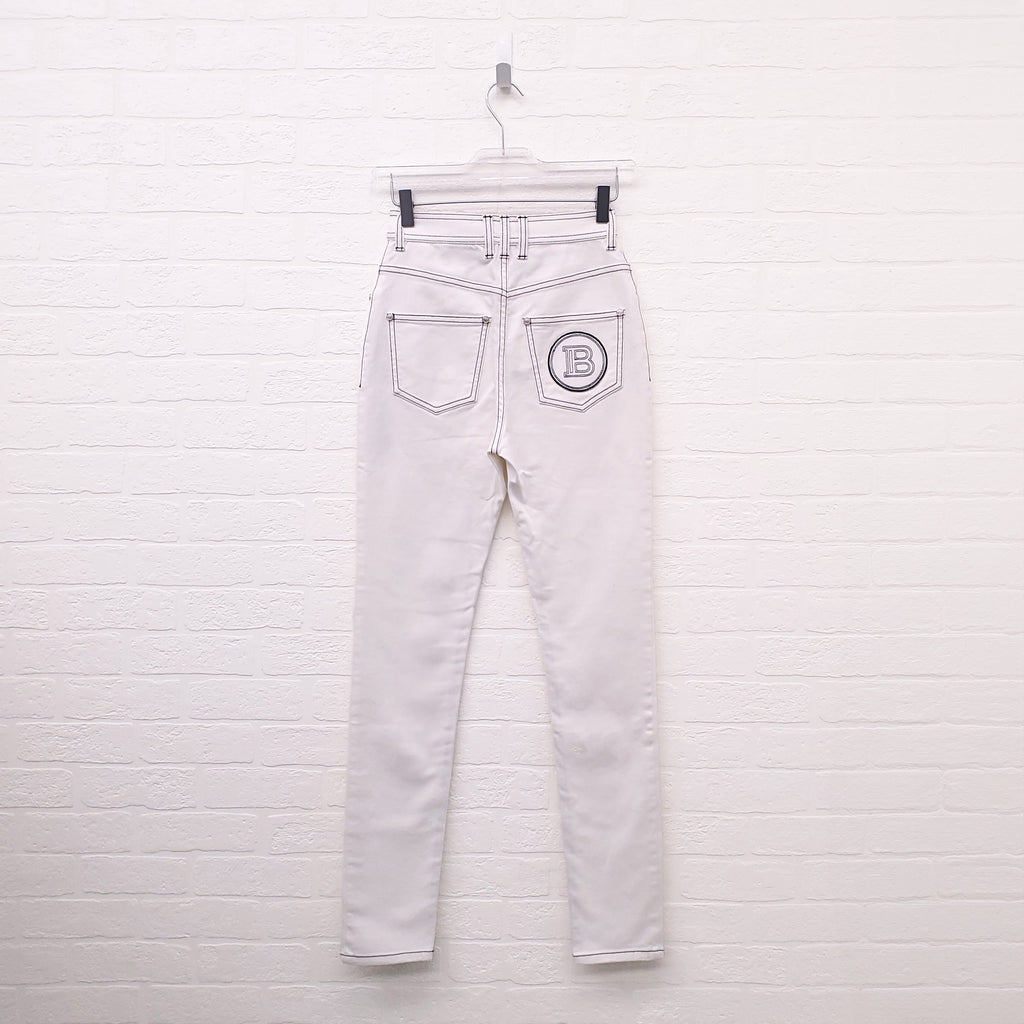 BALMAIN WHITE JEANS WITH BLACK STITCHING - SIZE 34