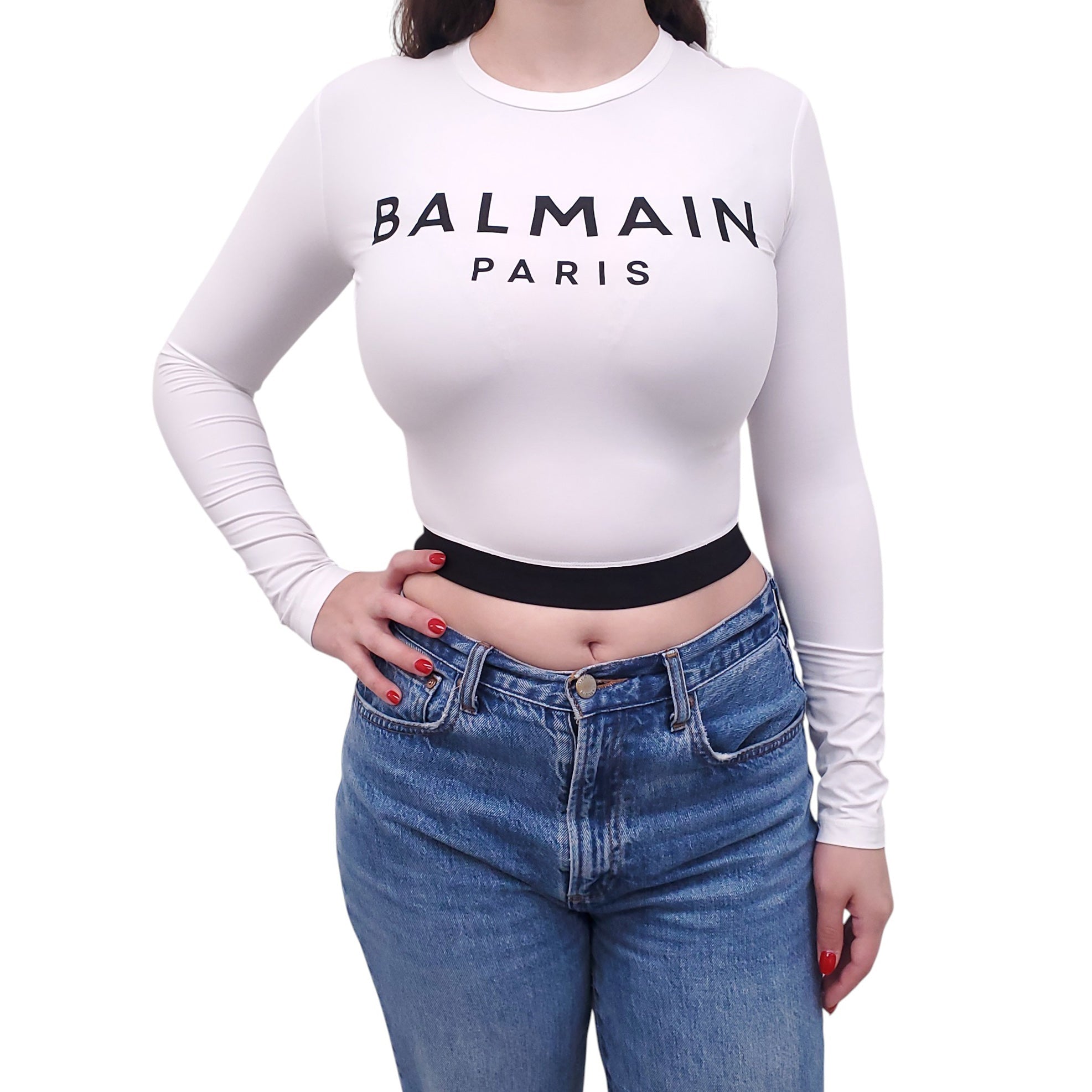 BALMAIN WHITE LOGO LONG-SLEEVE CROPPED TOP - SIZE 38