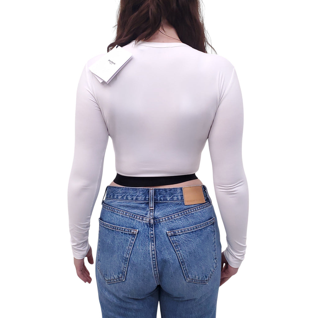 BALMAIN WHITE LOGO LONG-SLEEVE CROPPED TOP - SIZE 38