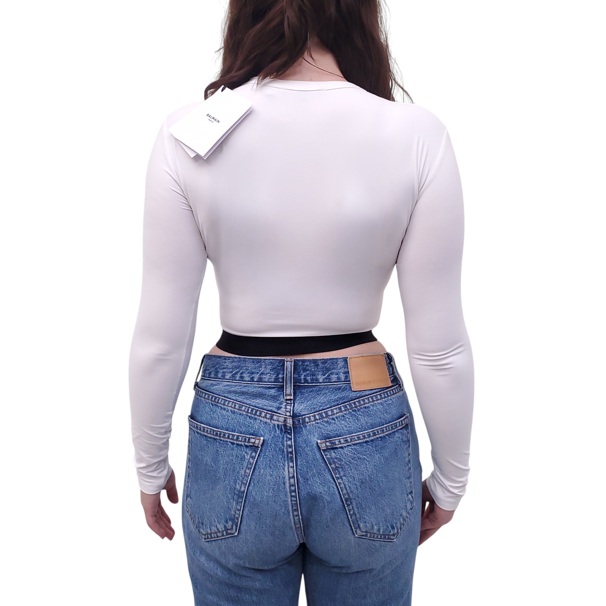 BALMAIN WHITE LOGO LONG-SLEEVE CROPPED TOP - SIZE 38