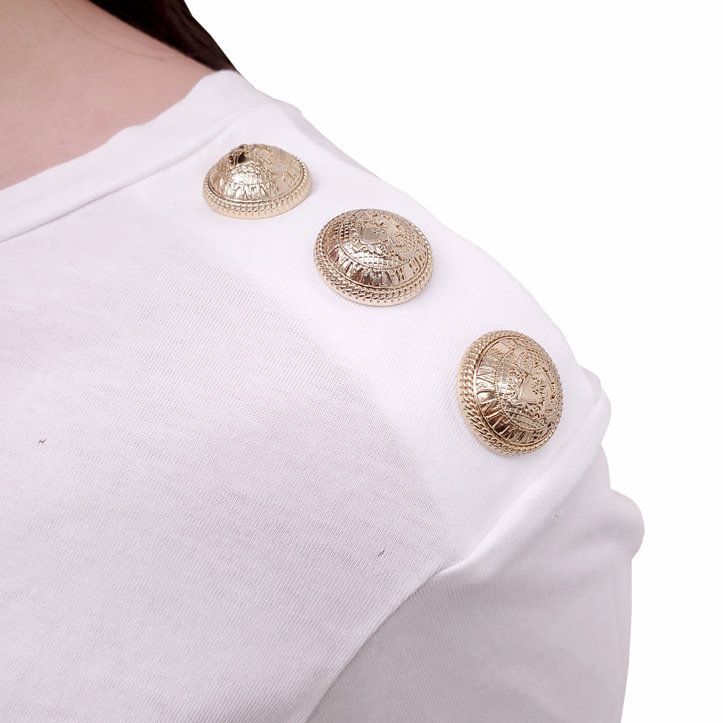 BALMAIN WHITE LOGO T-SHIRT WITH GOLD LOGO BUTTONS - SIZE 38