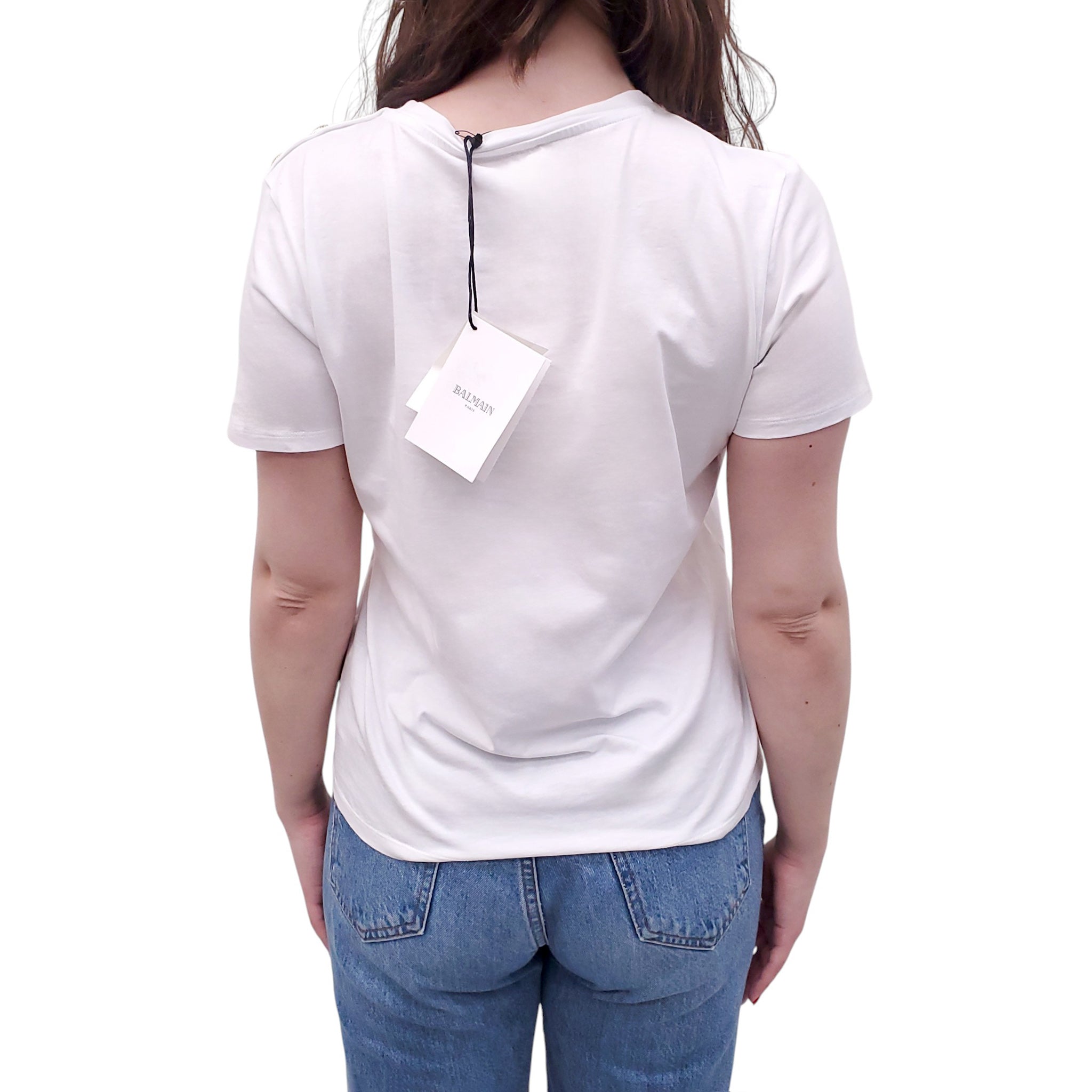 BALMAIN WHITE LOGO T-SHIRT WITH GOLD LOGO BUTTONS - SIZE 38