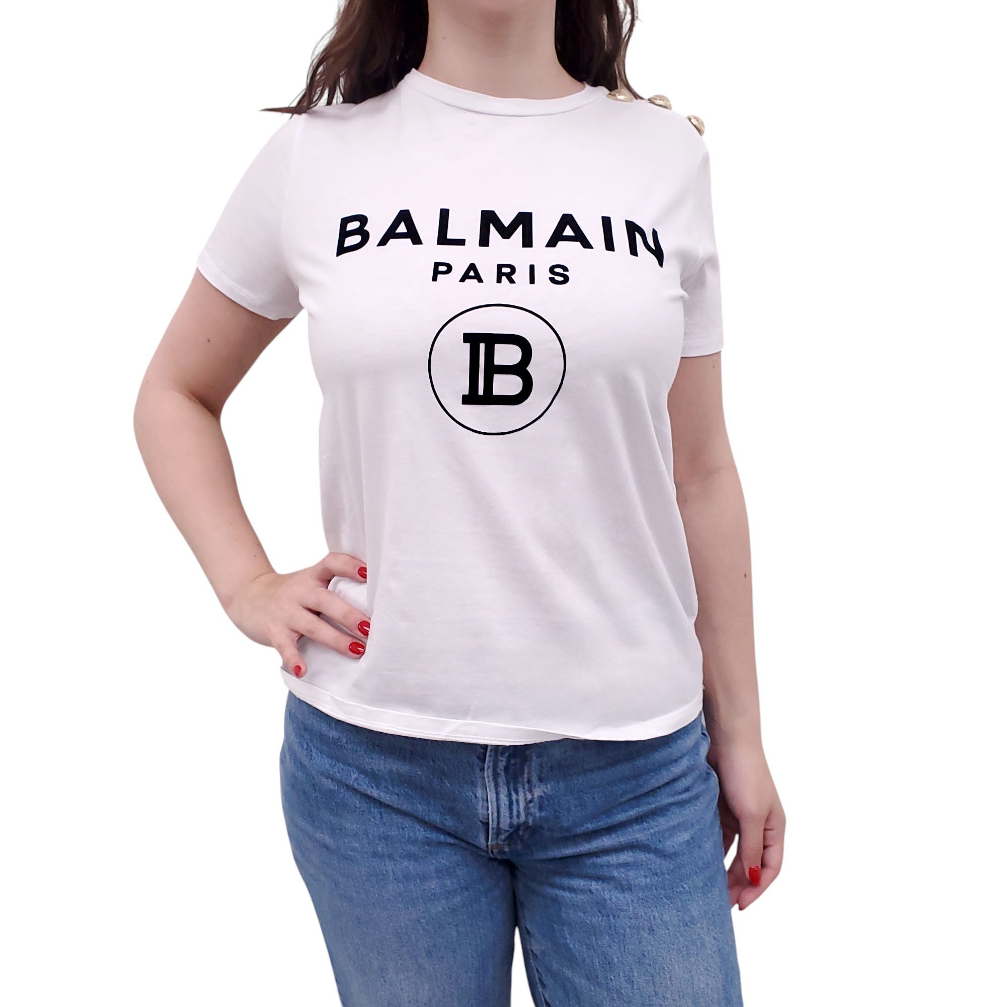 BALMAIN WHITE LOGO T-SHIRT WITH GOLD LOGO BUTTONS - SIZE 38