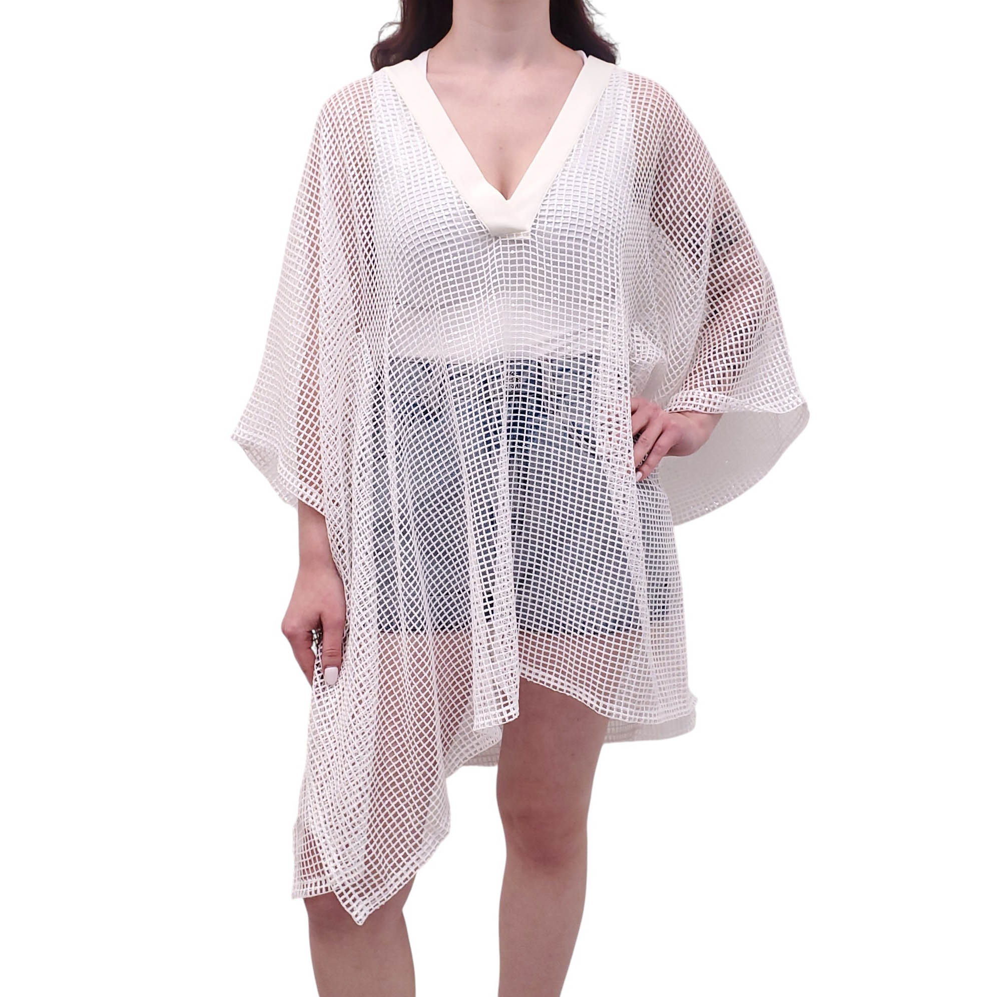 BALMAIN WHITE MESH COVER-UP KAFTAN DRESS - SIZE L/XL