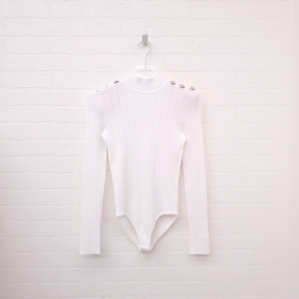 BALMAIN WHITE MOCK TURTLENECK KNIT BODYSUIT WITH SILVER BUTTONS - SIZE 36