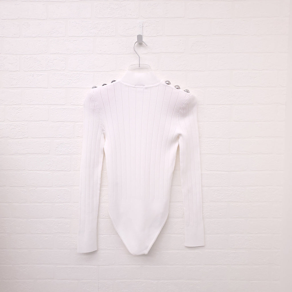 BALMAIN WHITE MOCK TURTLENECK KNIT BODYSUIT WITH SILVER BUTTONS - SIZE 36