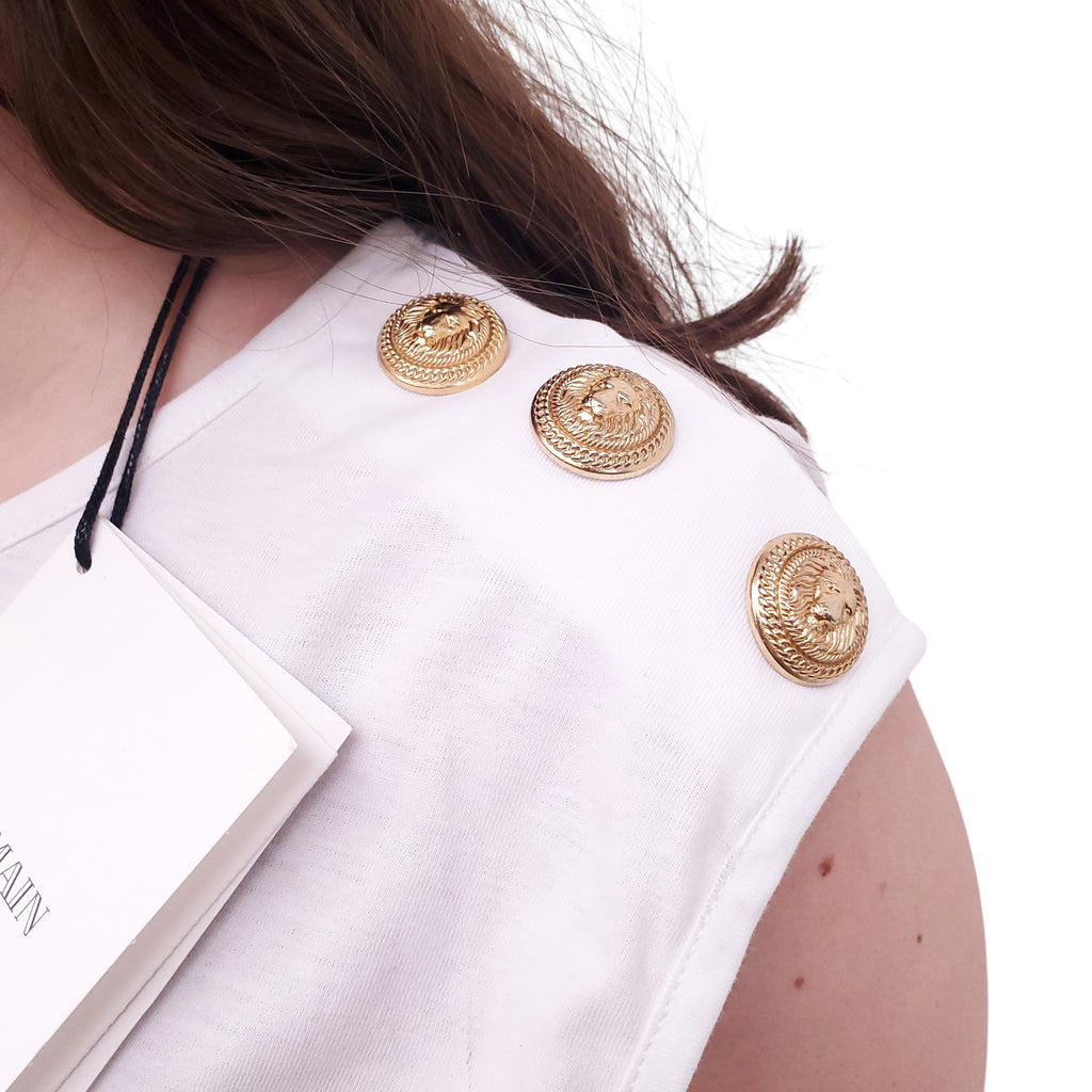BALMAIN WHITE SLEEVELESS LOGO TOP WITH GOLD LOGO BUTTONS - SIZE 38