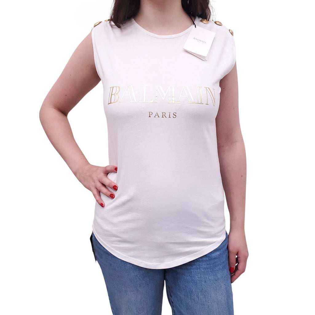 BALMAIN WHITE SLEEVELESS LOGO TOP WITH GOLD LOGO BUTTONS - SIZE 38
