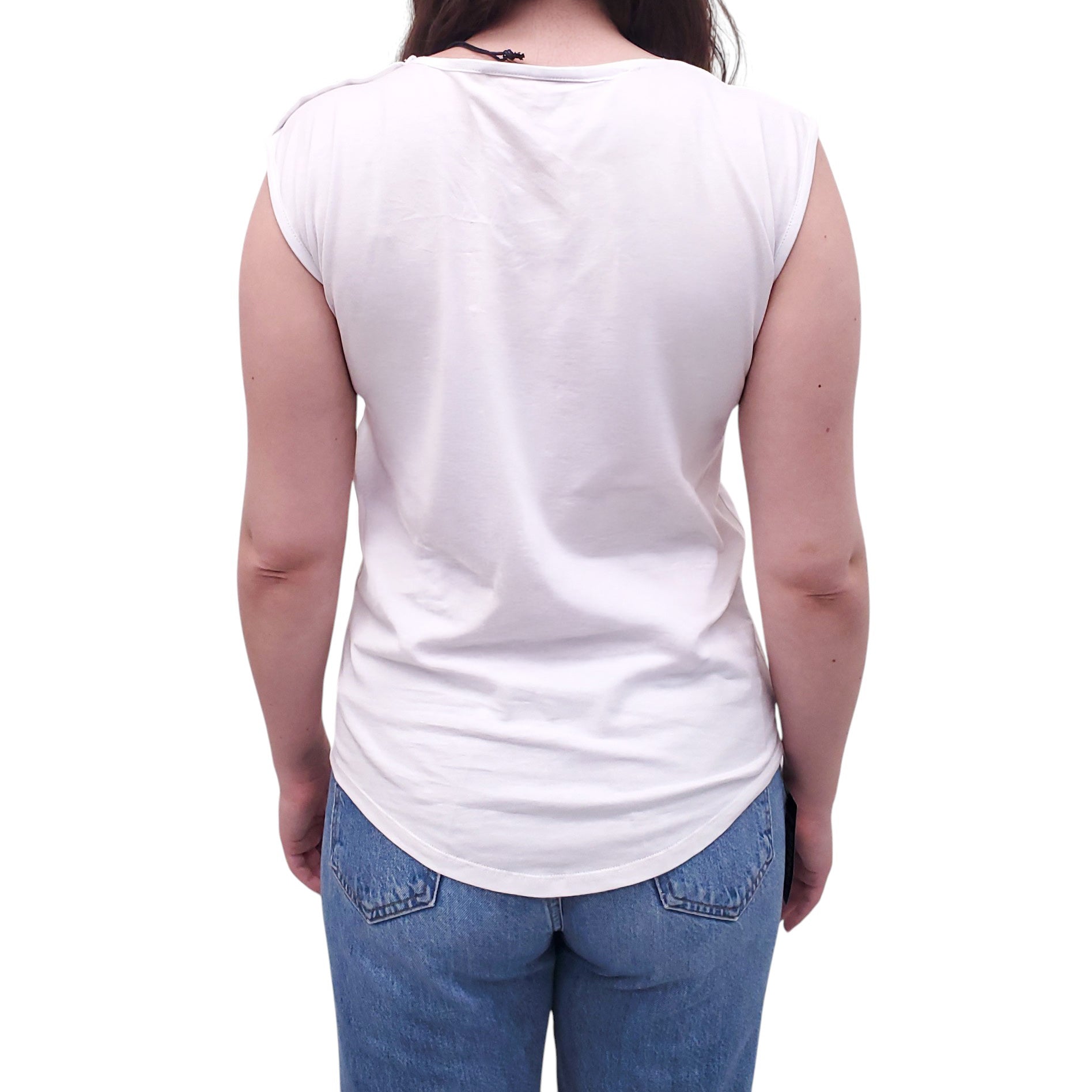 BALMAIN WHITE SLEEVELESS LOGO TOP WITH GOLD LOGO BUTTONS - SIZE 38