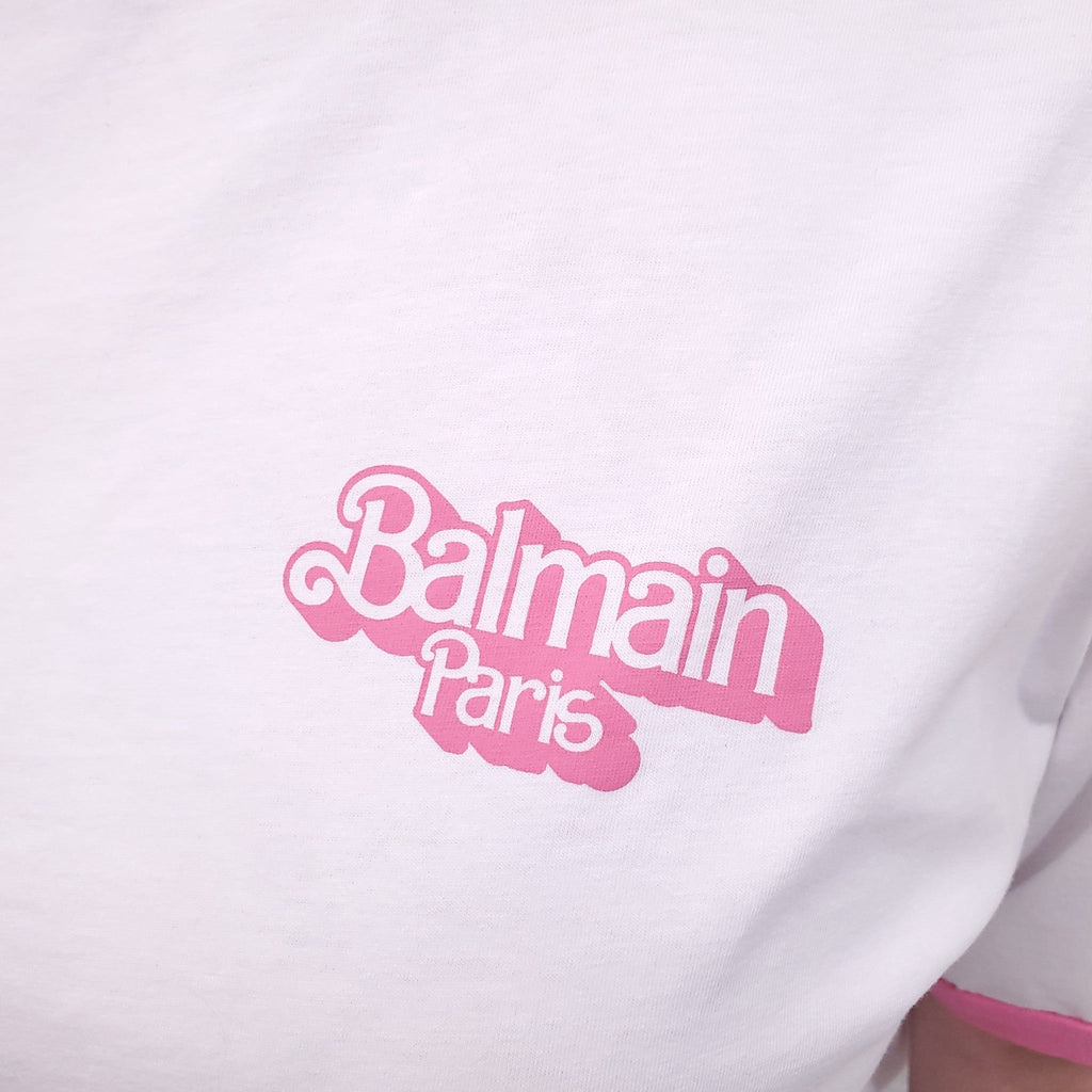 BALMAIN x BARBIE WHITE AND PINK LOGO T-SHIRT - SIZE M