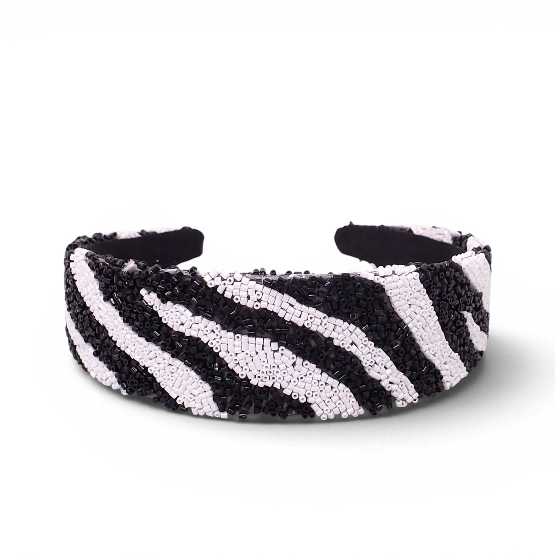 BLACK AND WHITE ZEBRA PATTERNED BEADED HEADBAND