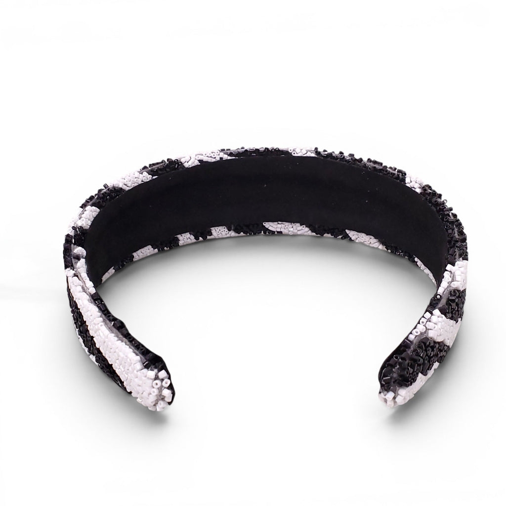 BLACK AND WHITE ZEBRA PATTERNED BEADED HEADBAND