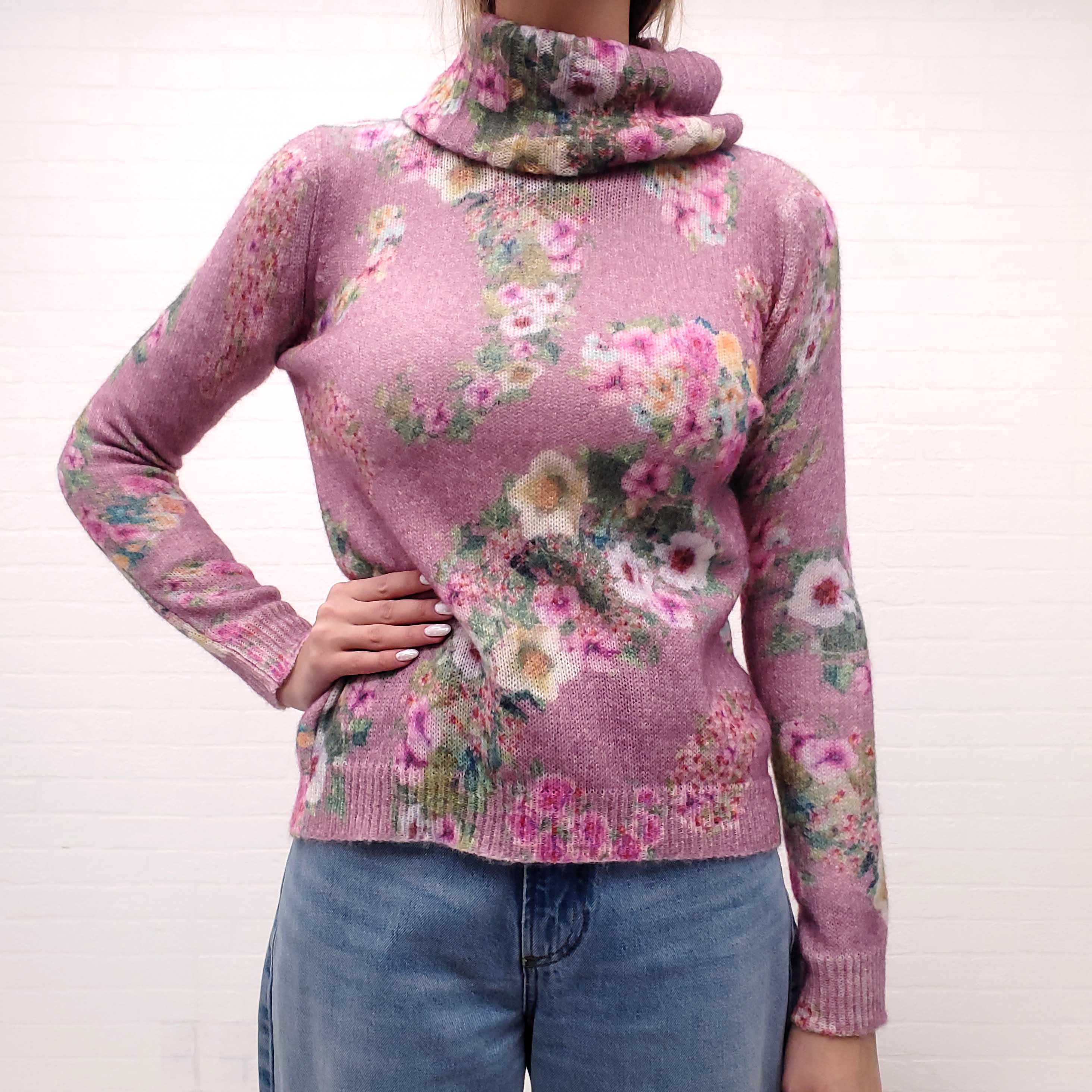 BLUGIRL BLUMARINE PINK FLORAL SWEATER WITH DETACHABLE TURTLENECK - SIZE S