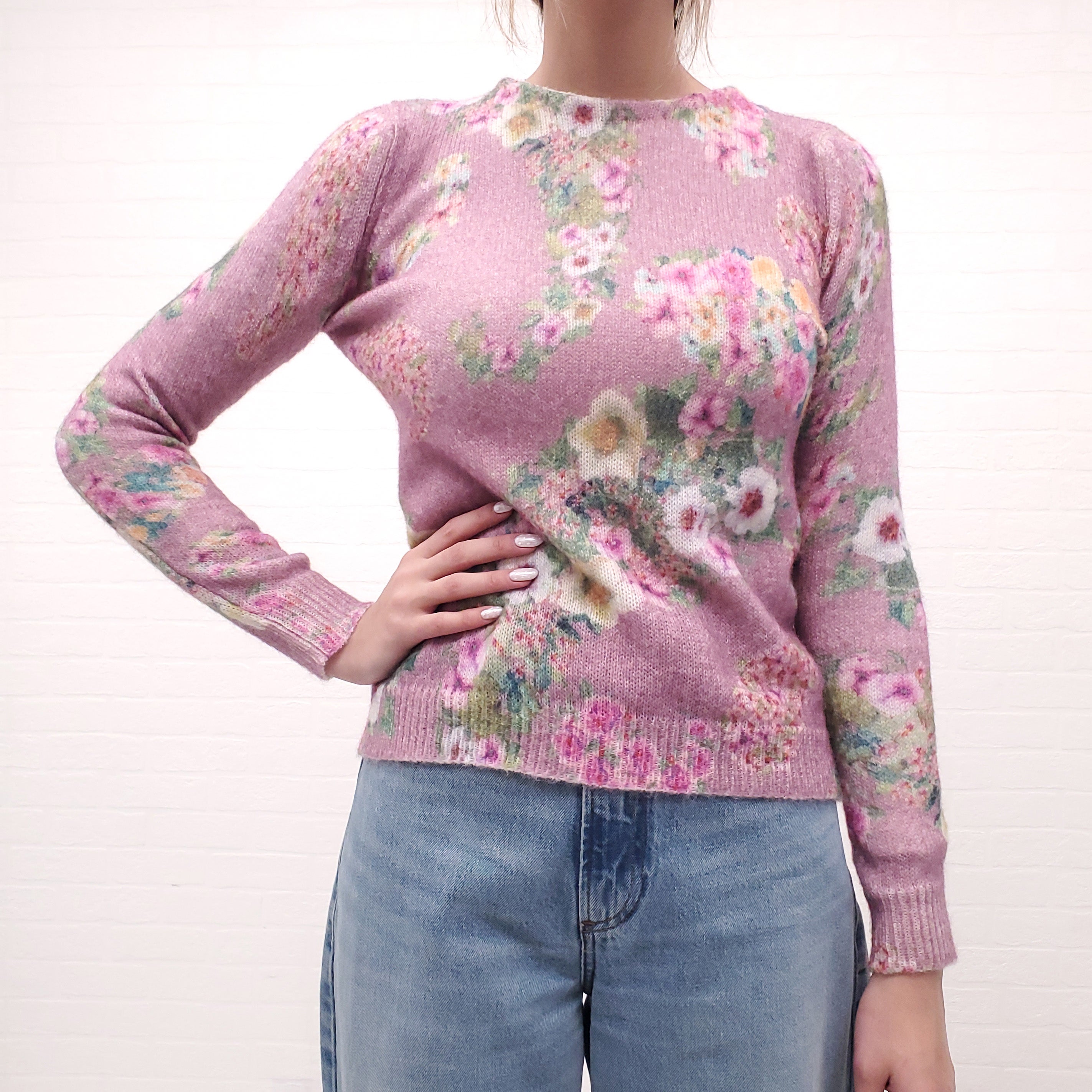 BLUGIRL BLUMARINE PINK FLORAL SWEATER WITH DETACHABLE TURTLENECK - SIZE S