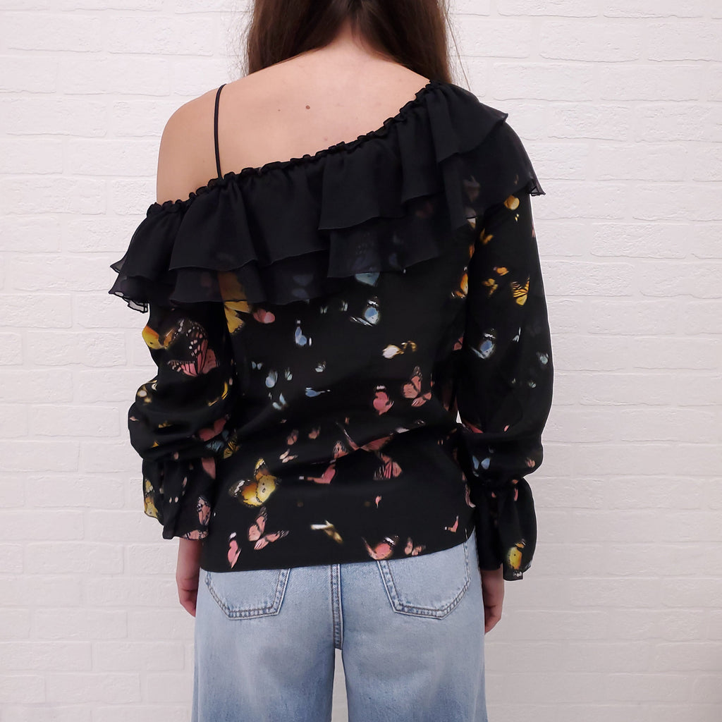BLUMARINE BLACK RUFFLE OFF THE SHOULDER BUTTERFLY PRINT BLOUSE - SIZE 40