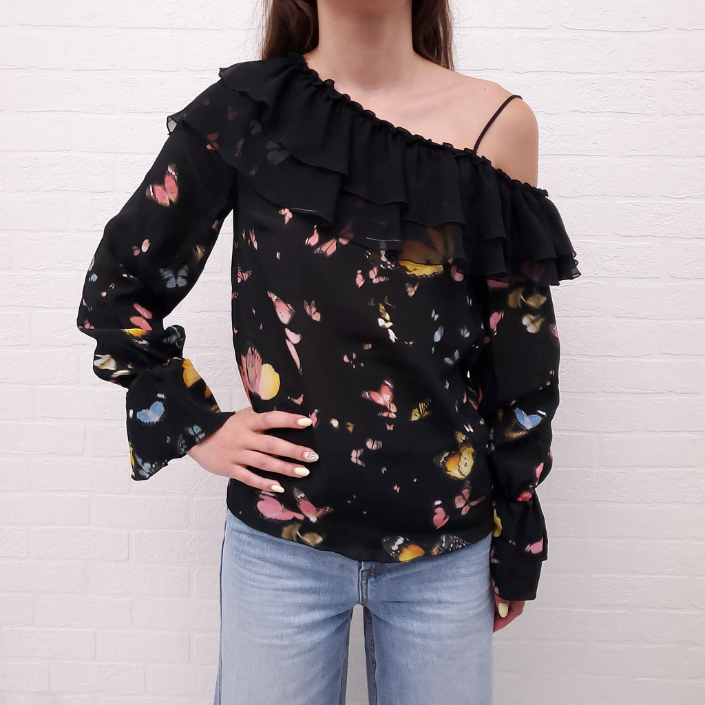 BLUMARINE BLACK RUFFLE OFF THE SHOULDER BUTTERFLY PRINT BLOUSE - SIZE 40