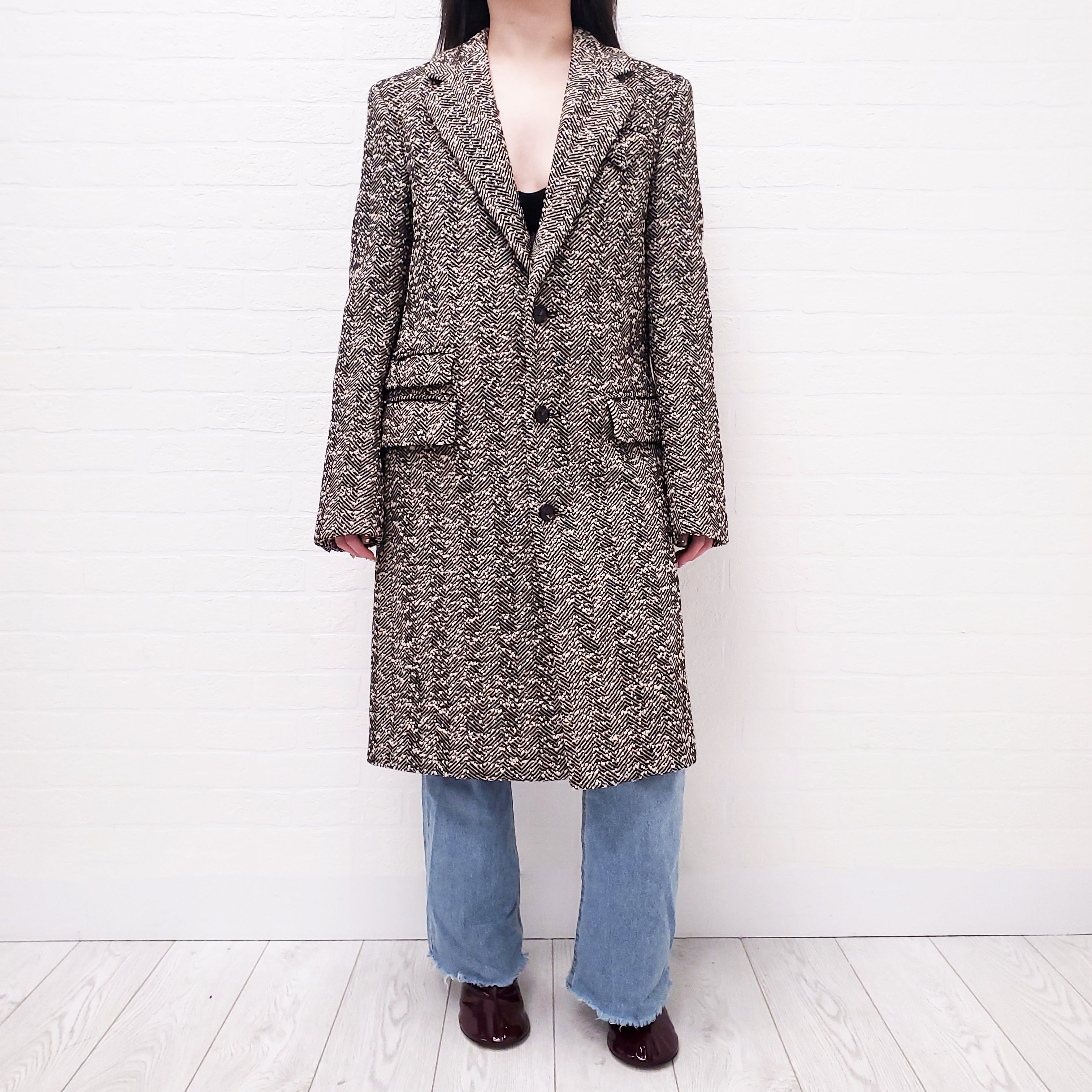 BOTTEGA VENETA BROWN HERRINGBONE LONG COAT WITH TRIANGLE POCKET - SIZE 38