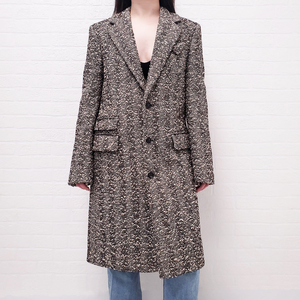 BOTTEGA VENETA BROWN HERRINGBONE LONG COAT WITH TRIANGLE POCKET - SIZE 38