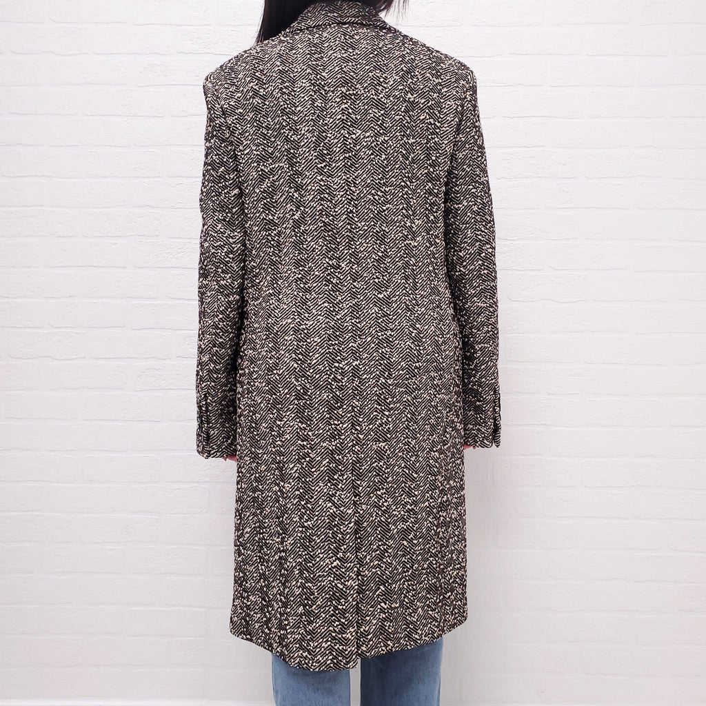 BOTTEGA VENETA BROWN HERRINGBONE LONG COAT WITH TRIANGLE POCKET - SIZE 38