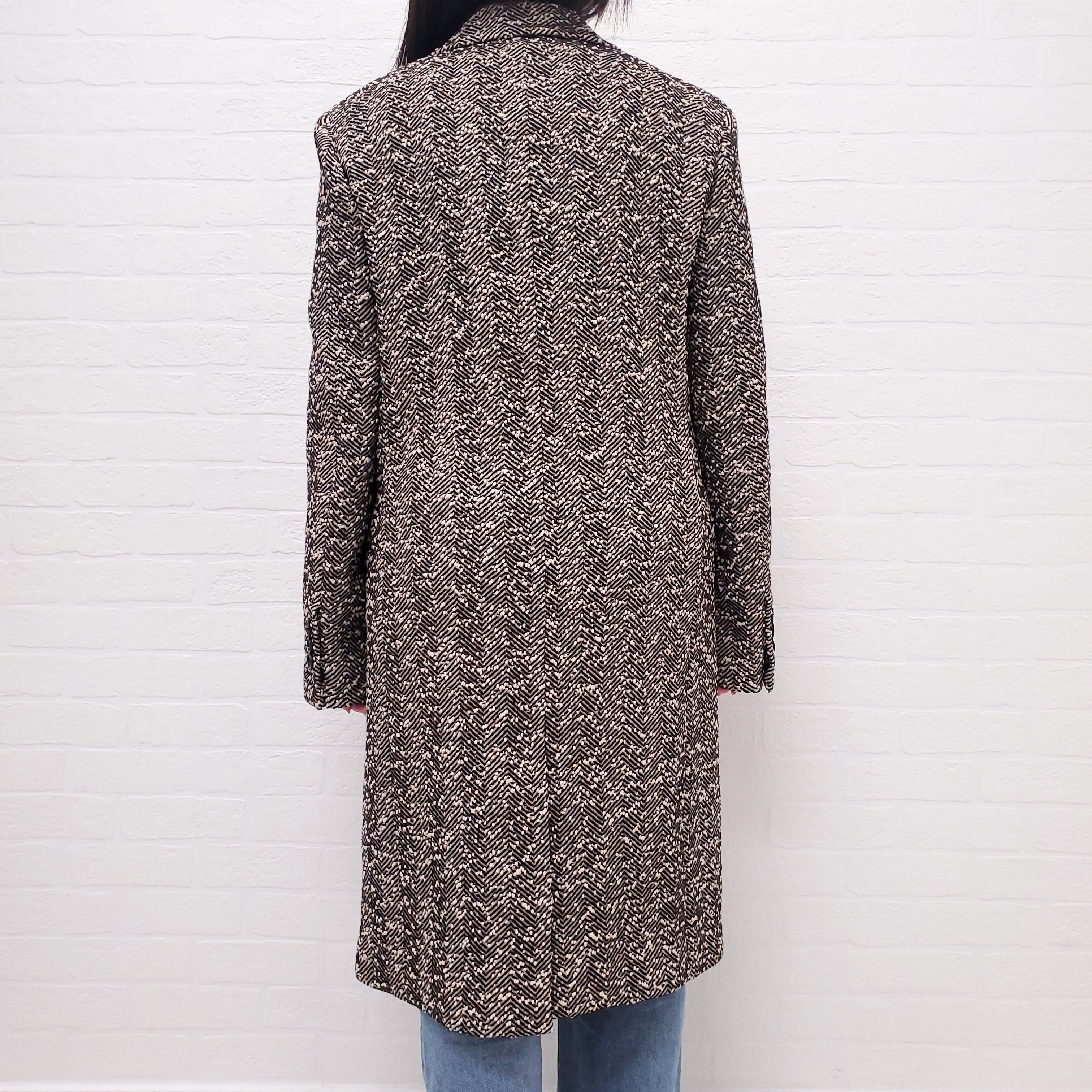 BOTTEGA VENETA BROWN HERRINGBONE LONG COAT WITH TRIANGLE POCKET - SIZE 38