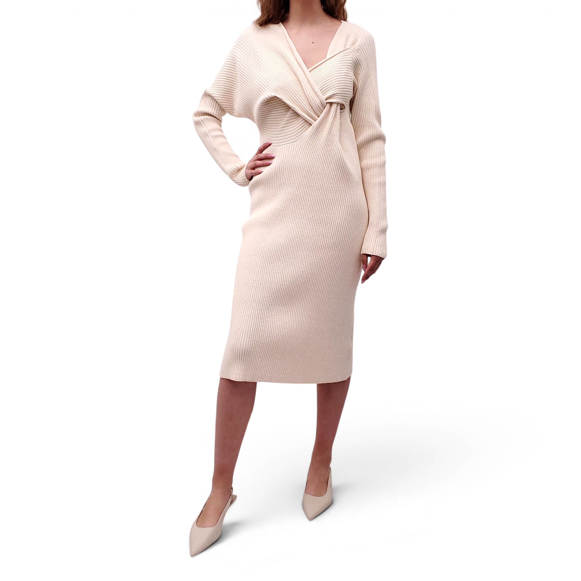 BOTTEGA VENETA CREAM RIBBED DRESS - SIZE 42