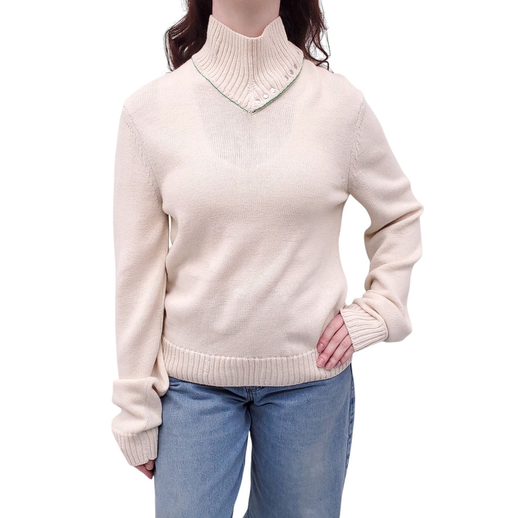 BOTTEGA VENETA CREAM TURTLENECK SWEATER WITH GREEN STITCHING - SIZE M