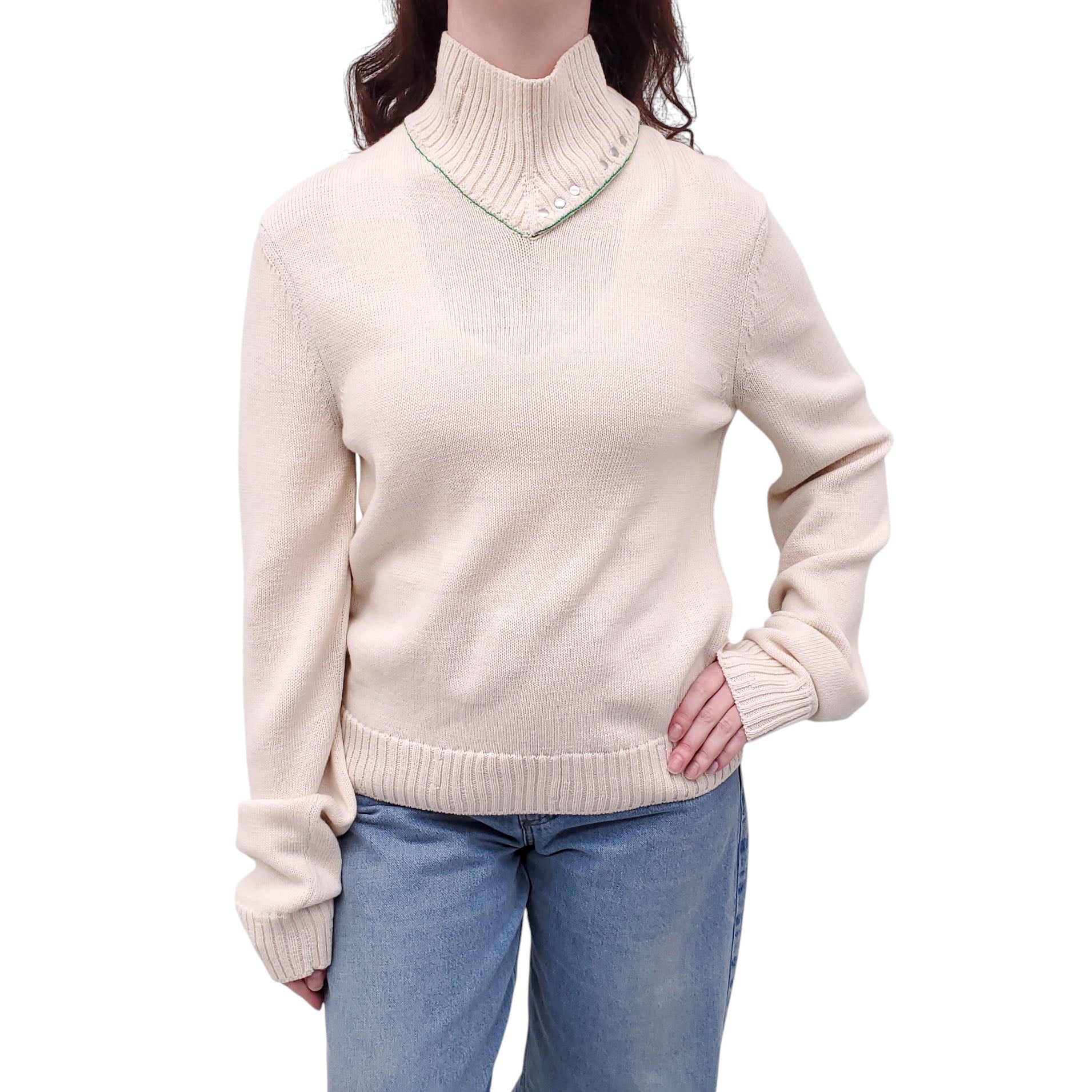 BOTTEGA VENETA CREAM TURTLENECK SWEATER WITH GREEN STITCHING - SIZE M