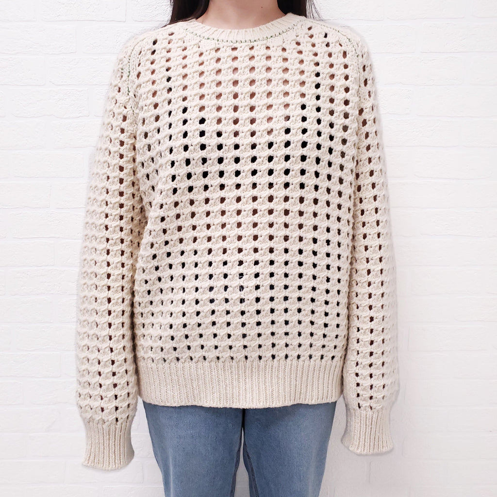 BOTTEGA VENETA CREAM WOOL OPEN CABLE KNIT SWEATER WITH GREEN STITCHING - SIZE M