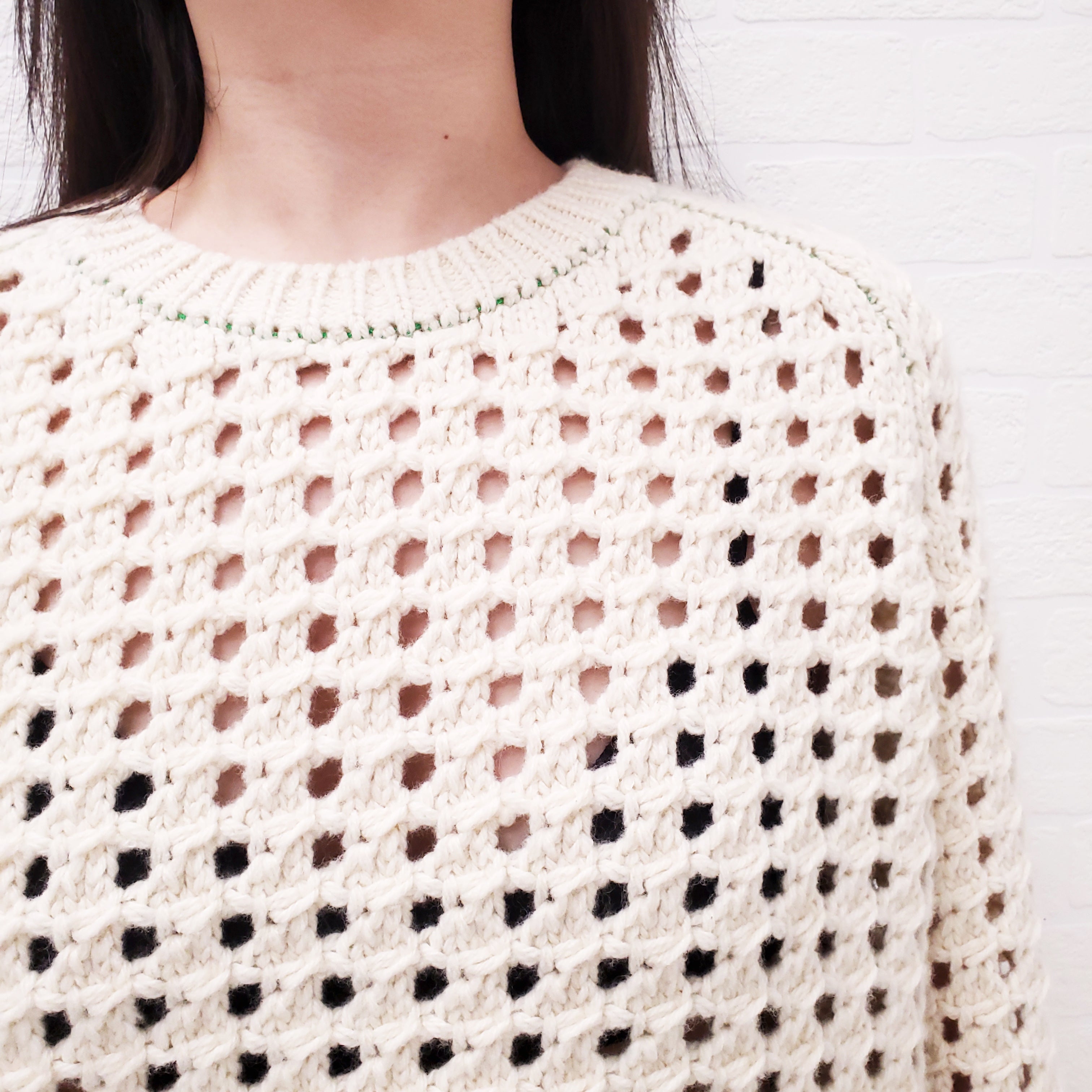 BOTTEGA VENETA CREAM WOOL OPEN CABLE KNIT SWEATER WITH GREEN STITCHING - SIZE M