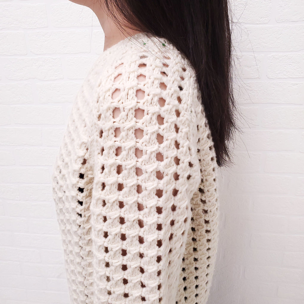 BOTTEGA VENETA CREAM WOOL OPEN CABLE KNIT SWEATER WITH GREEN STITCHING - SIZE M