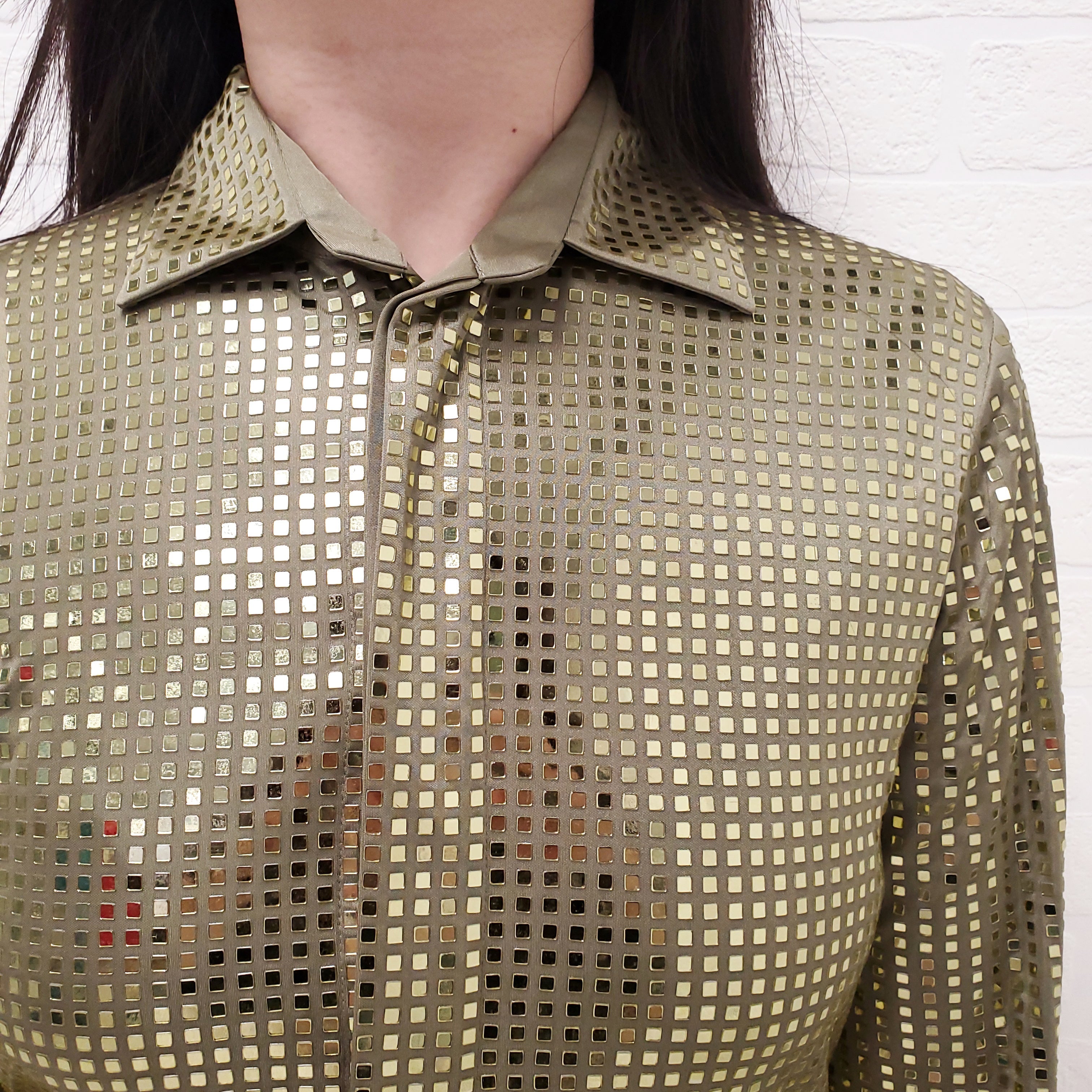 BOTTEGA VENETA GREEN SATIN SEQUIN BLOUSE - SIZE 38