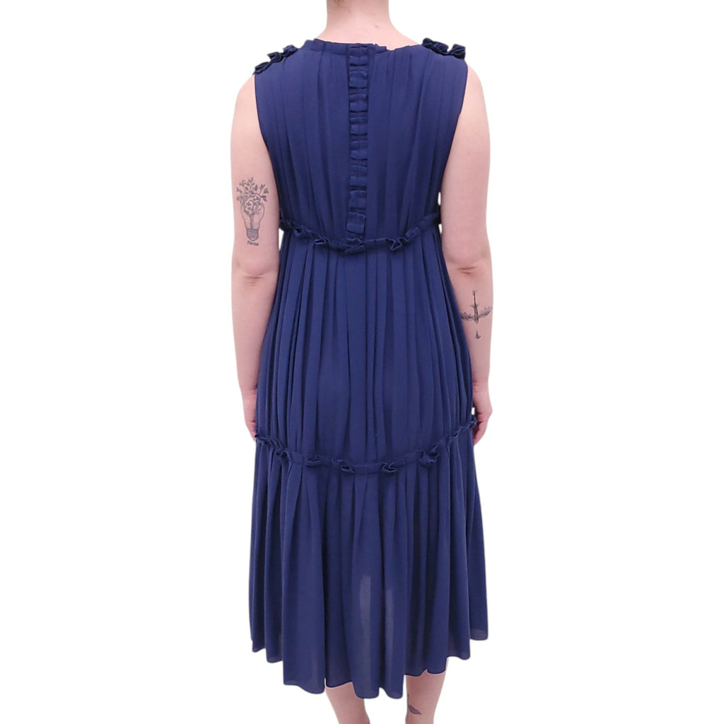 BOTTEGA VENETA NAVY COTTON PLEATED DRESS - SIZE 38