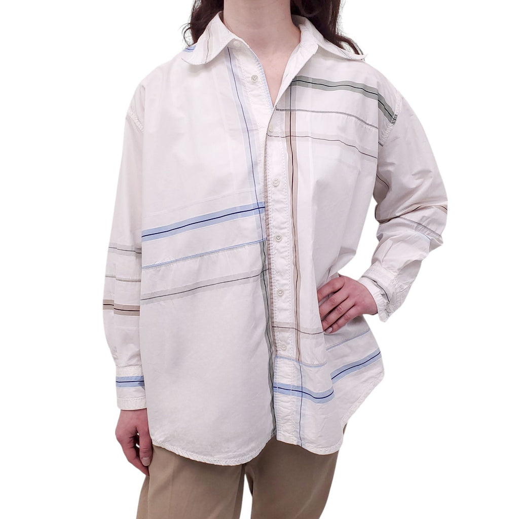 BOTTEGA VENETA OVERSIZED BLUE AND BEIGE BLOUSE - SIZE 36