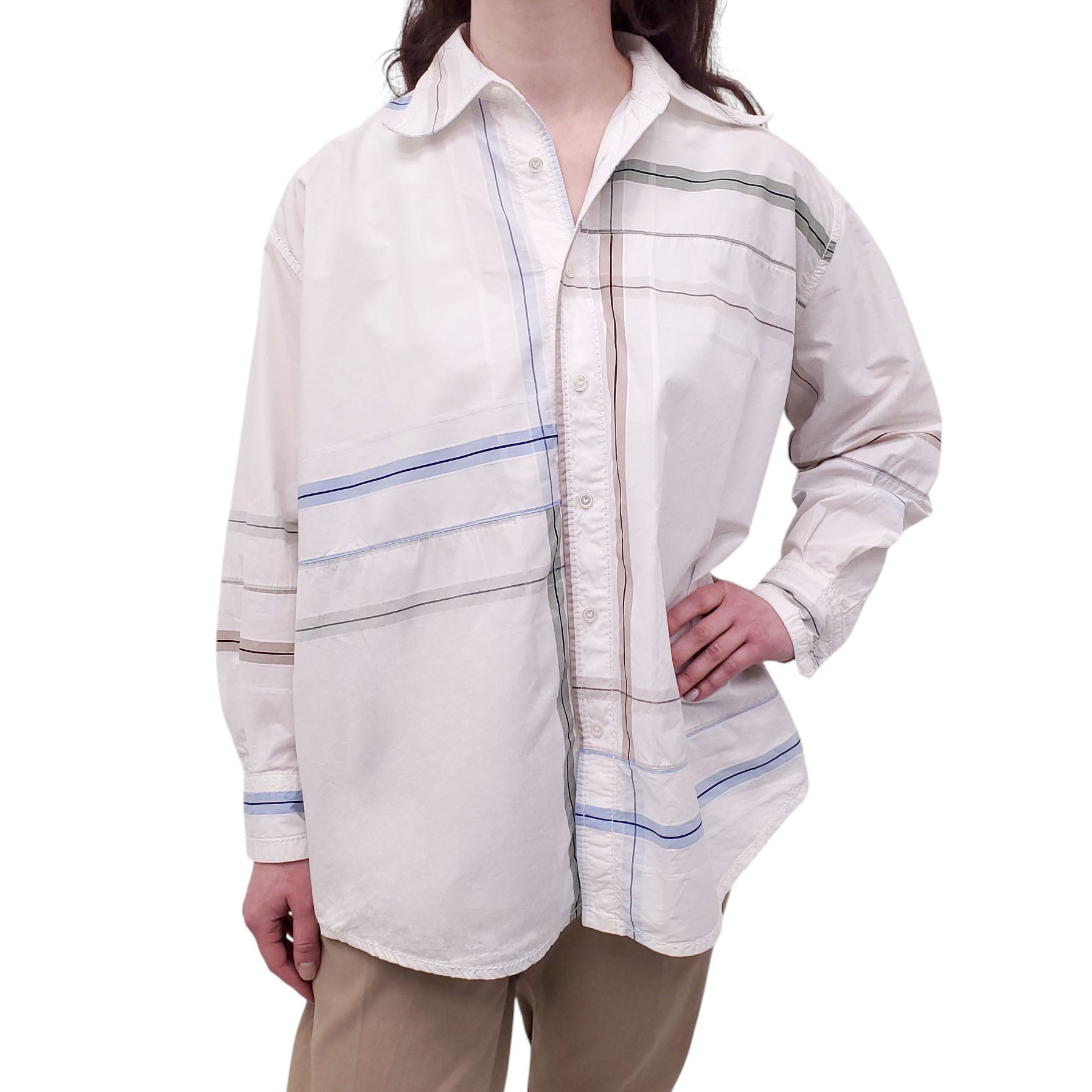 BOTTEGA VENETA OVERSIZED BLUE AND BEIGE BLOUSE - SIZE 36