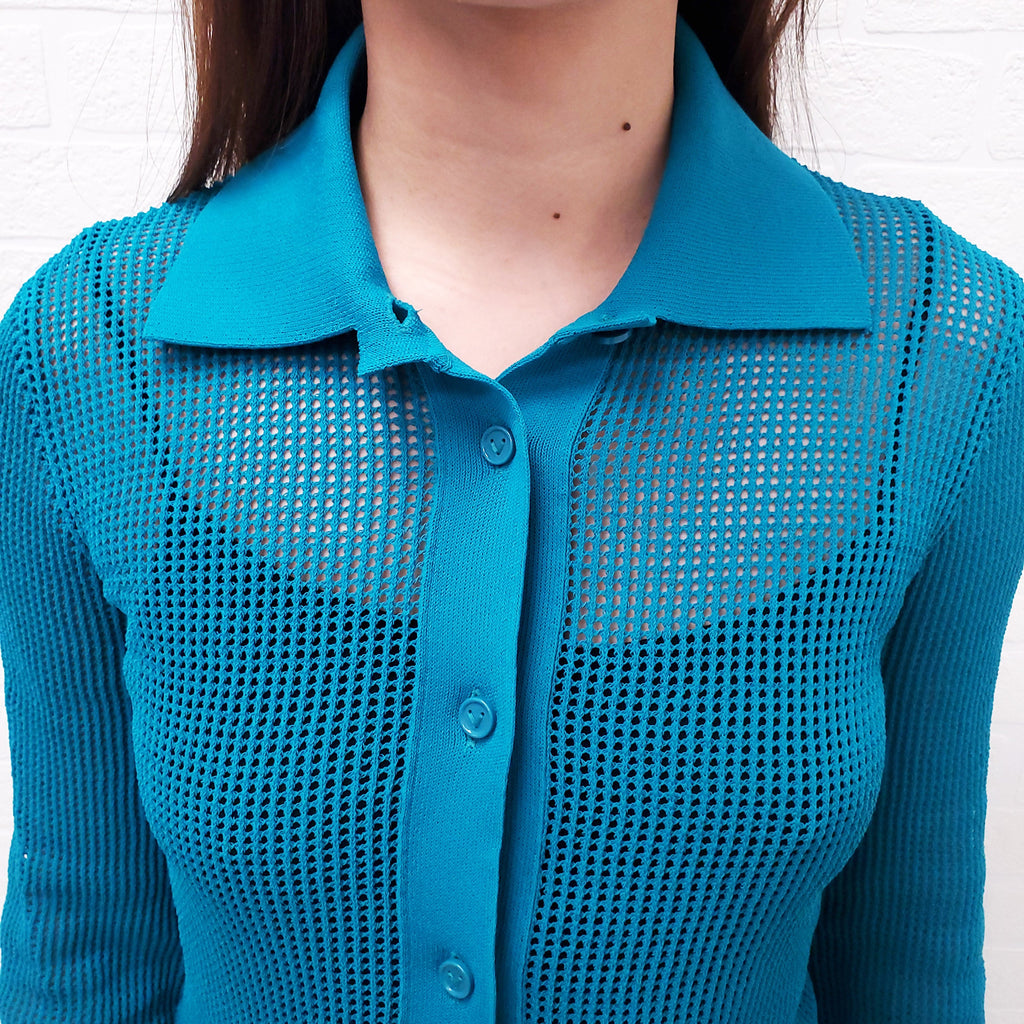 BOTTEGA VENETA TURQUOISE KNIT CARDIGAN WITH COLLAR - SIZE XS