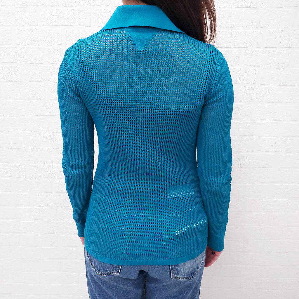 BOTTEGA VENETA TURQUOISE KNIT CARDIGAN WITH COLLAR - SIZE XS