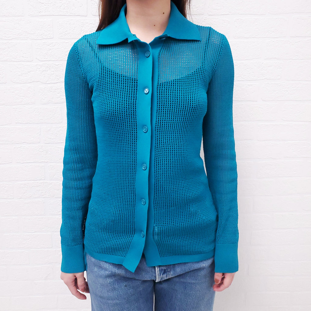 BOTTEGA VENETA TURQUOISE KNIT CARDIGAN WITH COLLAR - SIZE XS