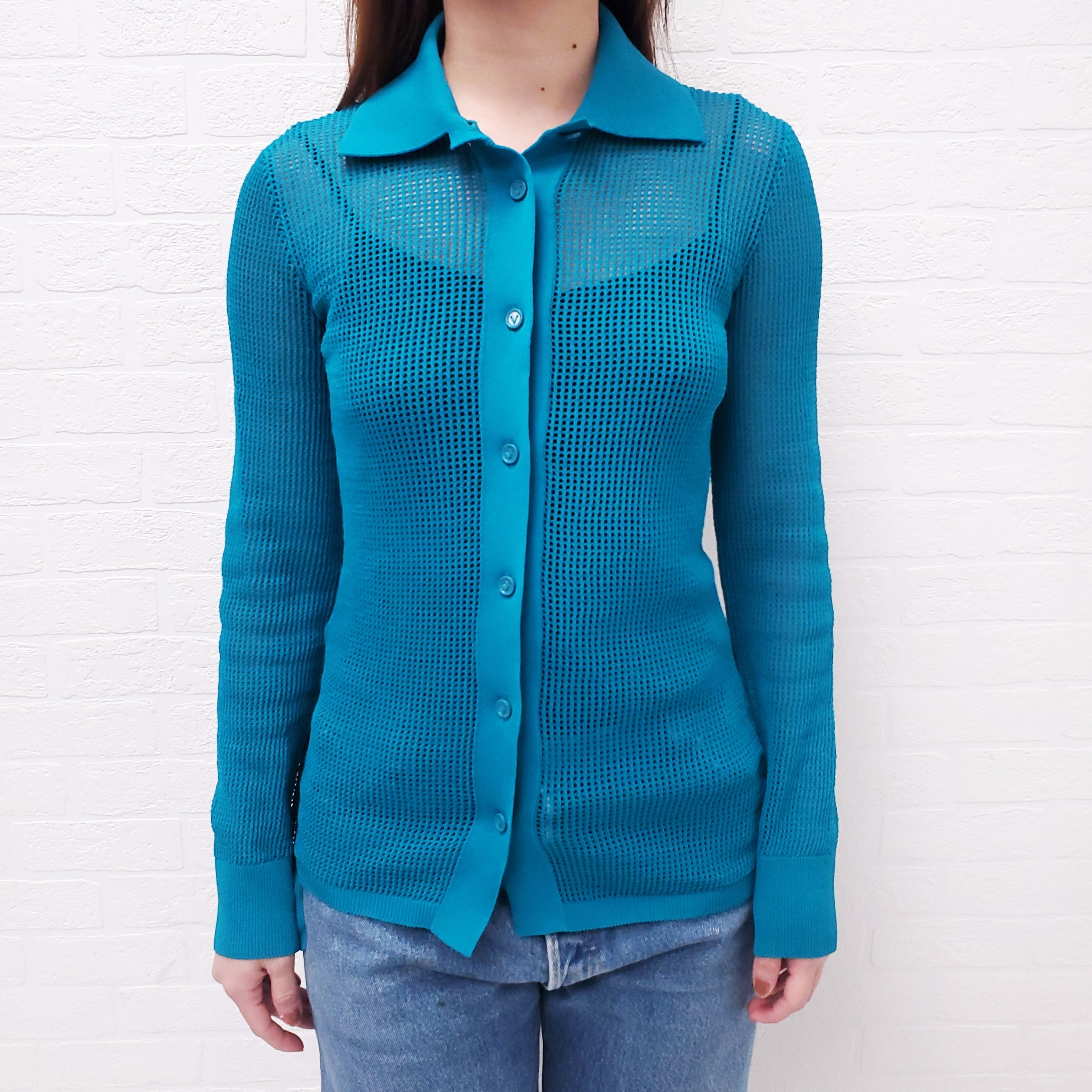 BOTTEGA VENETA TURQUOISE KNIT CARDIGAN WITH COLLAR - SIZE XS