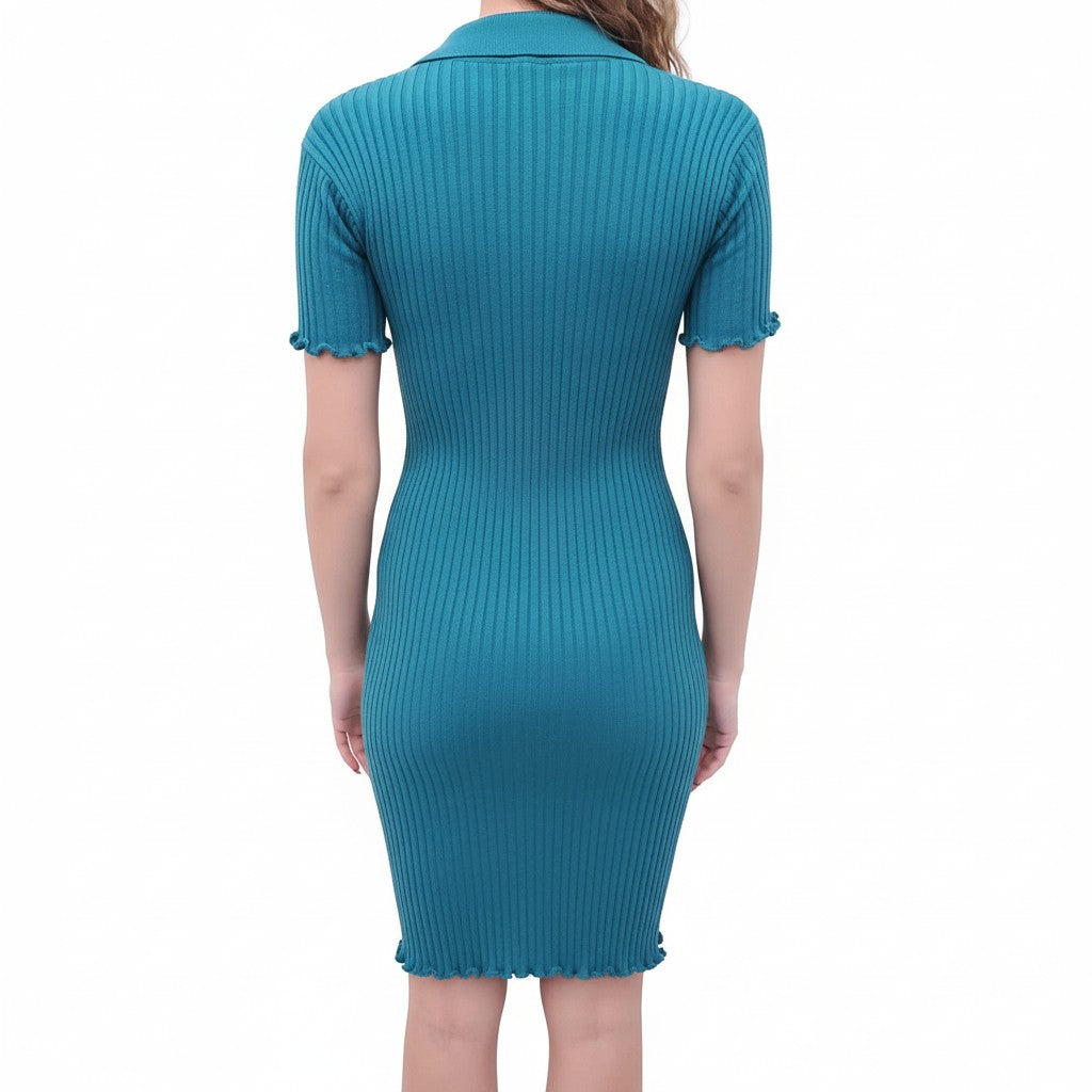 BOTTEGA VENETA TURQUOISE SHORT SLEEVE RIBBED KNIT POLO DRESS WITH GREEN STITCHING - SIZE XS