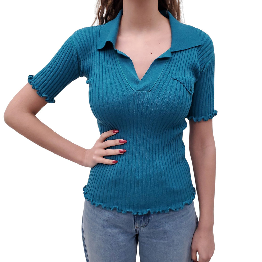 BOTTEGA VENETA TURQUOISE SHORT SLEEVE RIBBED KNIT POLO SWEATER WITH GREEN STITCHING - SIZE XS