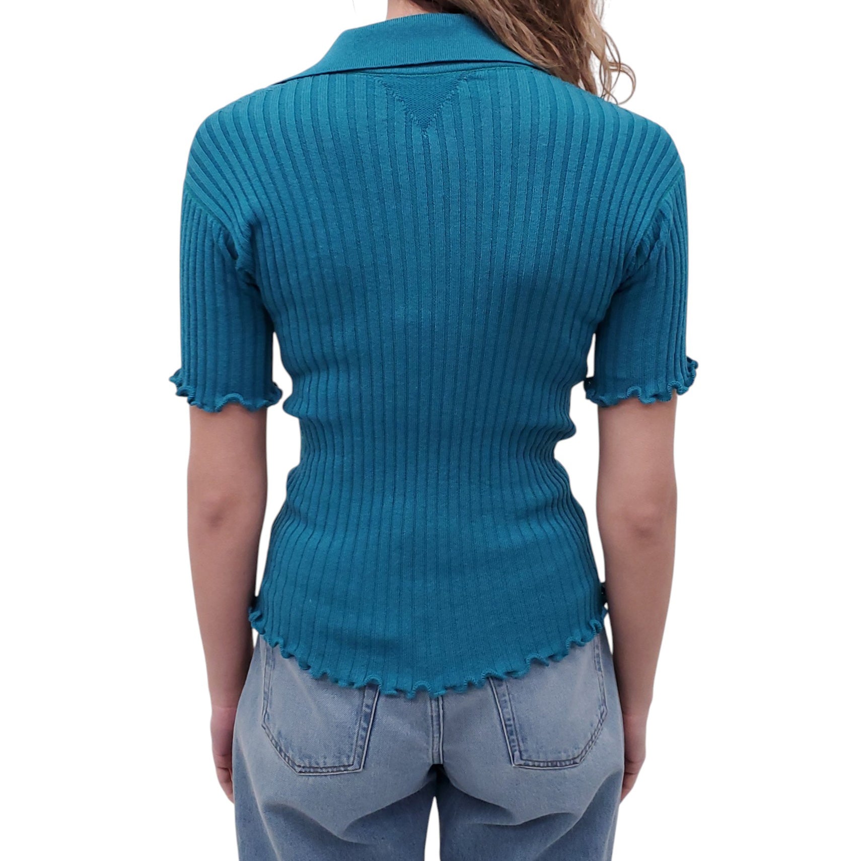 BOTTEGA VENETA TURQUOISE SHORT SLEEVE RIBBED KNIT POLO SWEATER WITH GREEN STITCHING - SIZE XS