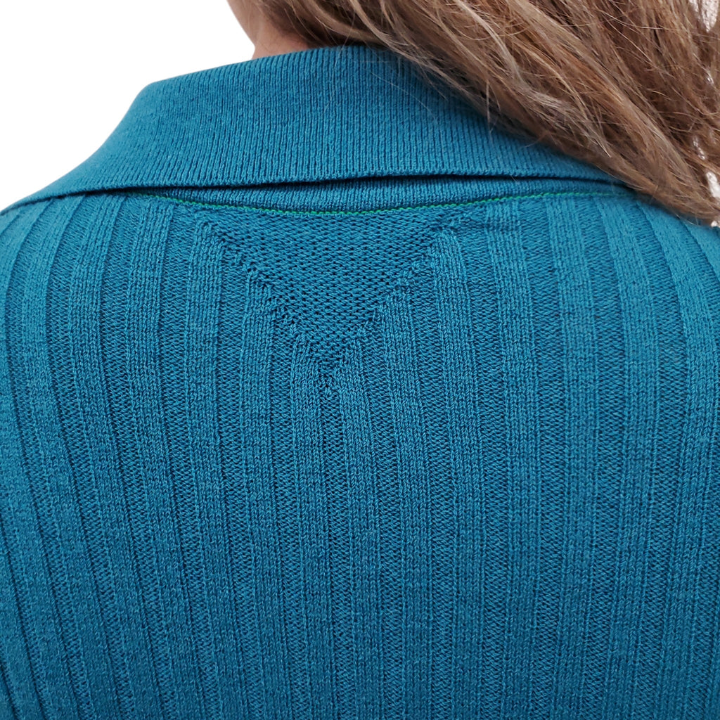 BOTTEGA VENETA TURQUOISE SHORT SLEEVE RIBBED KNIT POLO SWEATER WITH GREEN STITCHING - SIZE XS