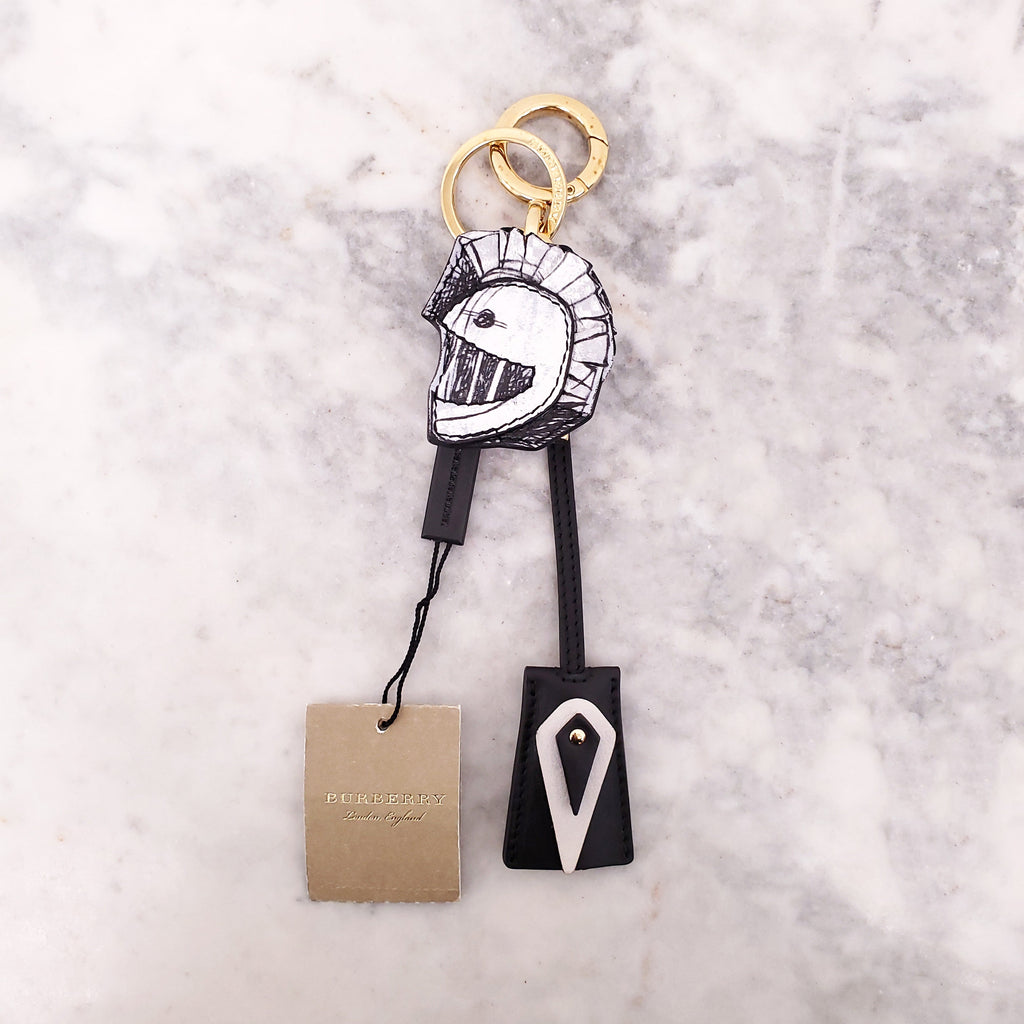 BURBERRY BLACK LEATHER ‘PALLAS HELMET’ KEYCHAIN