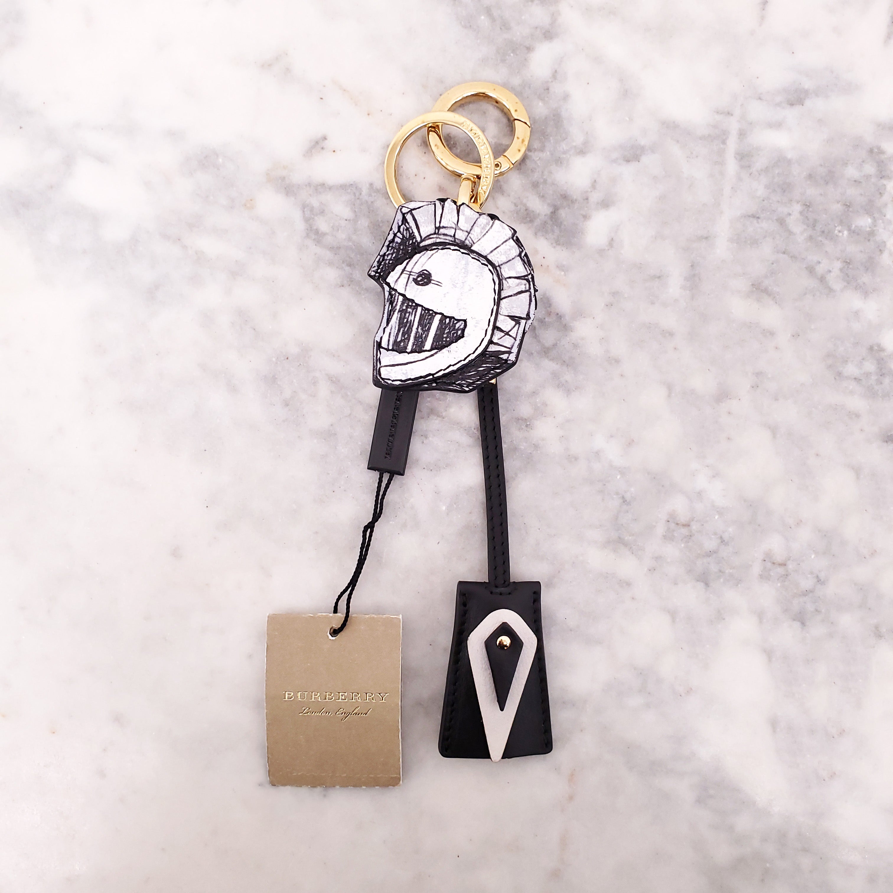 BURBERRY BLACK LEATHER ‘PALLAS HELMET’ KEYCHAIN