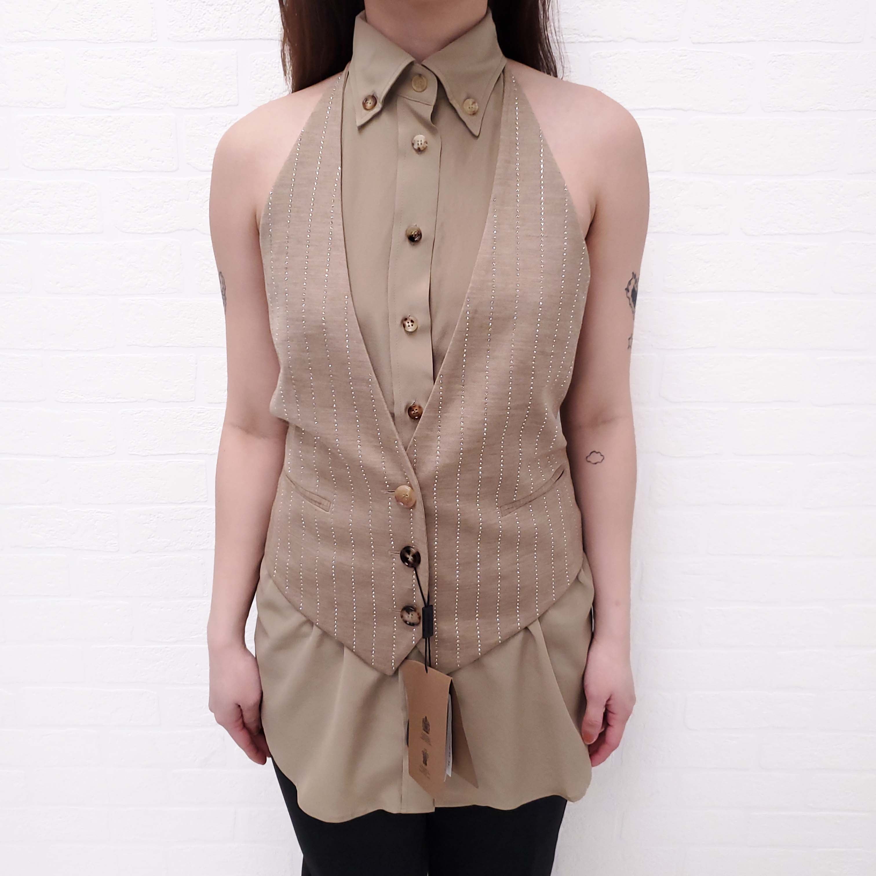 BURBERRY COTTON AND SILK SLEEVELESS BLOUSE WITH CRYSTAL VEST - SIZE 2