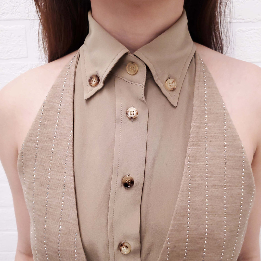 BURBERRY COTTON AND SILK SLEEVELESS BLOUSE WITH CRYSTAL VEST - SIZE 2
