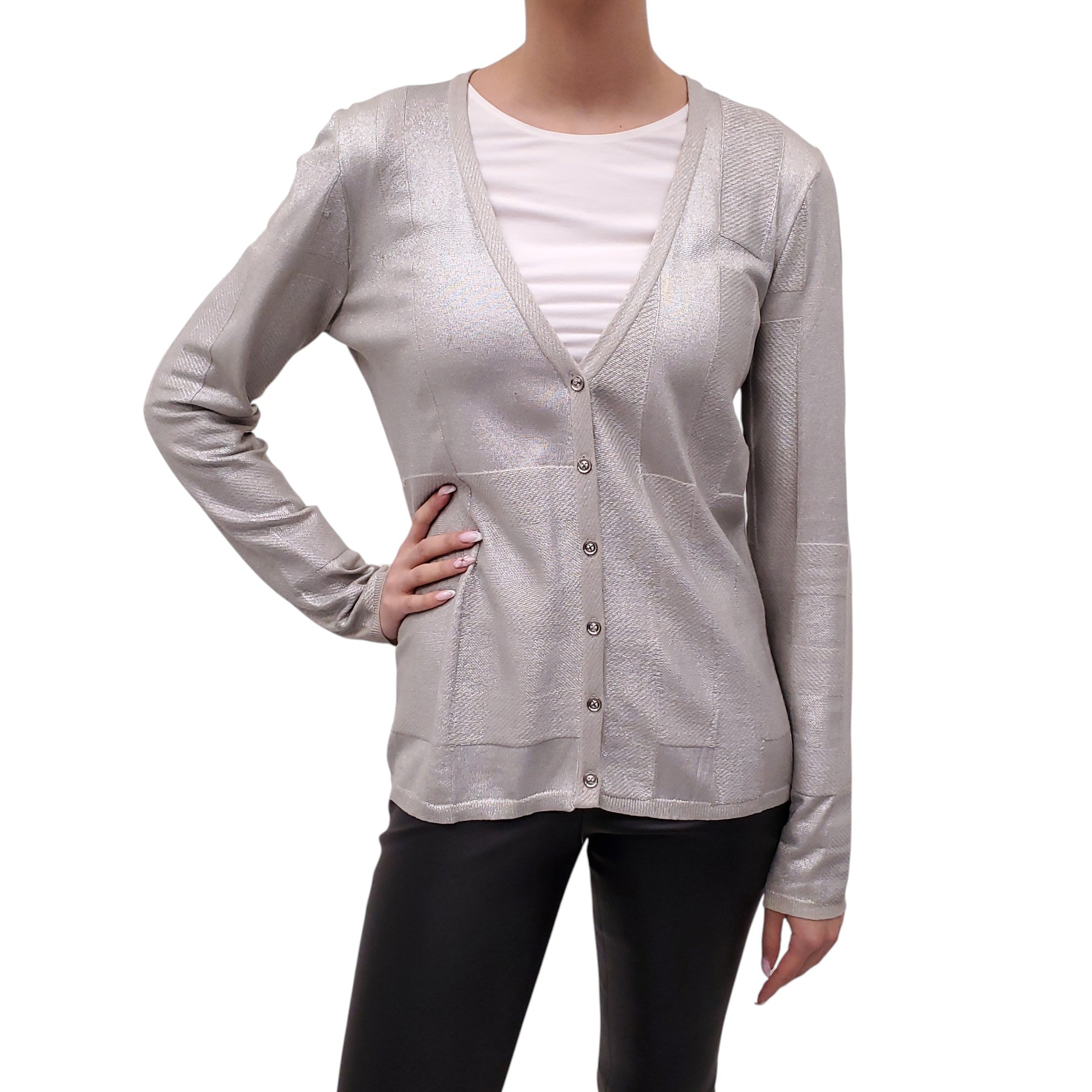 BURBERRY GREY CARDIGAN WITH METALLIC CHECK DETAIL - SIZE M