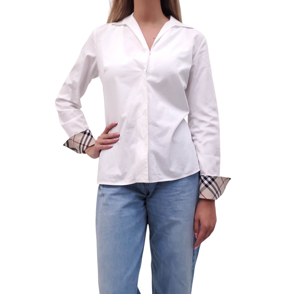 BURBERRY WHITE BUTTON-UP SHIRT WITH CHECK CUFF - SIZE US 4